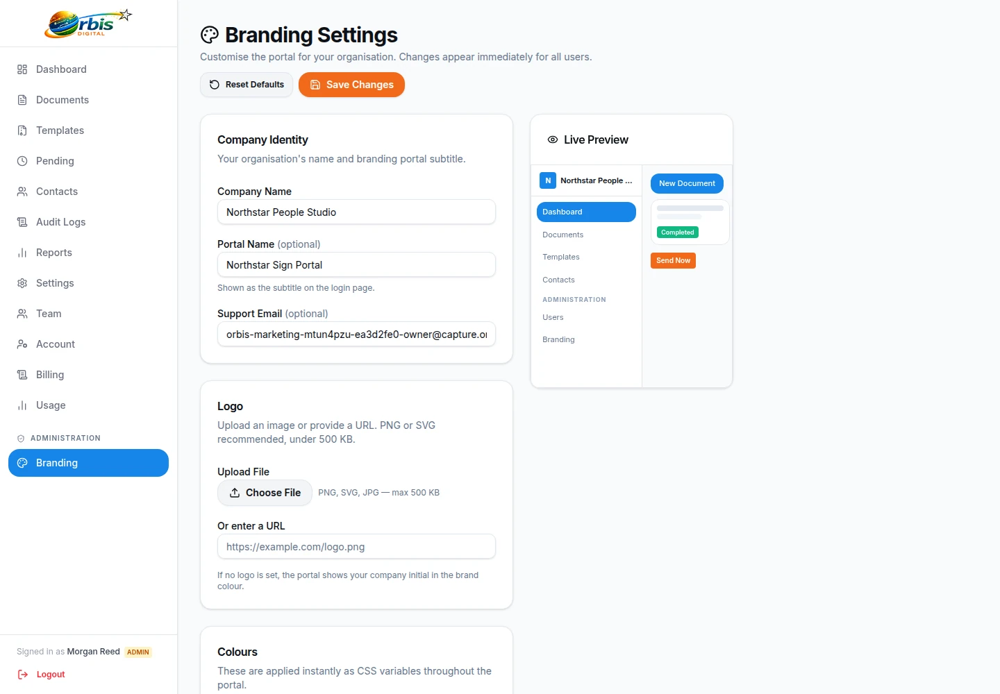 Company identity, logo, colour, and live preview controls