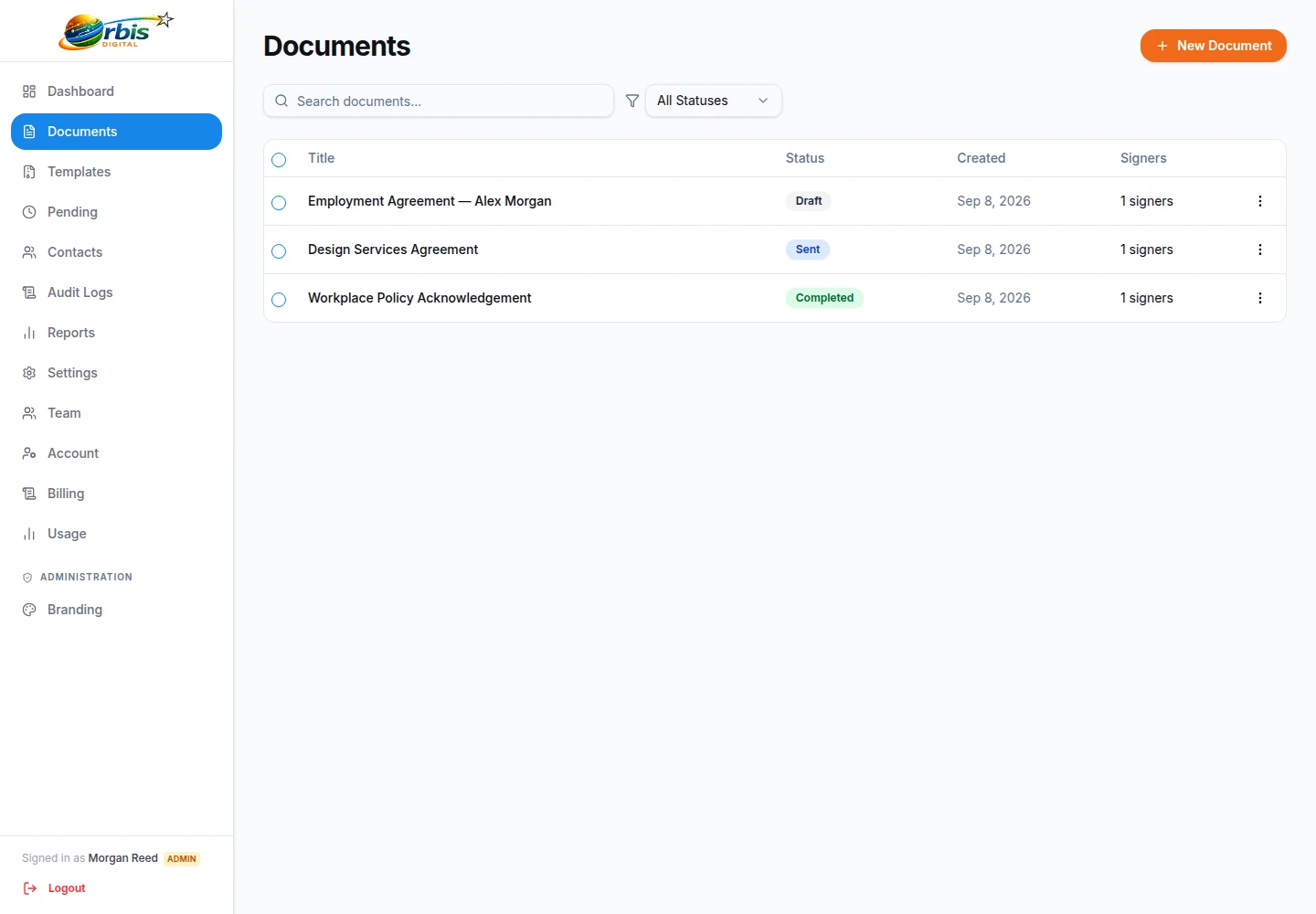 Document workspace with example client agreements