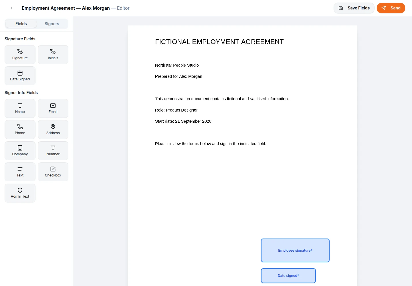 Visual PDF editor placing signature fields