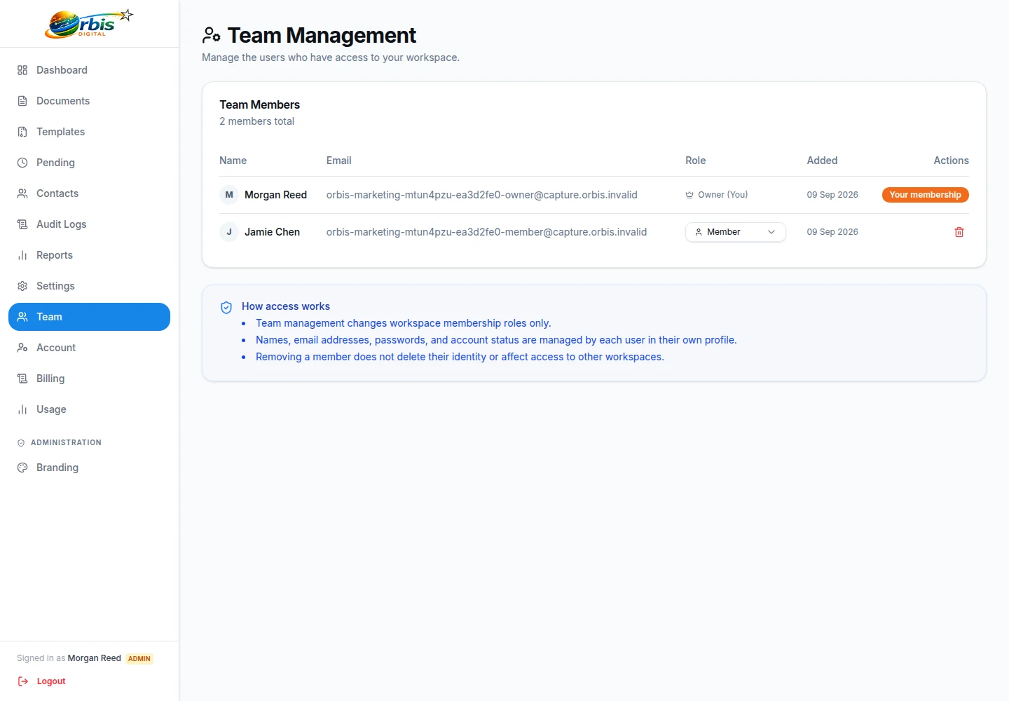 Workspace team member administration