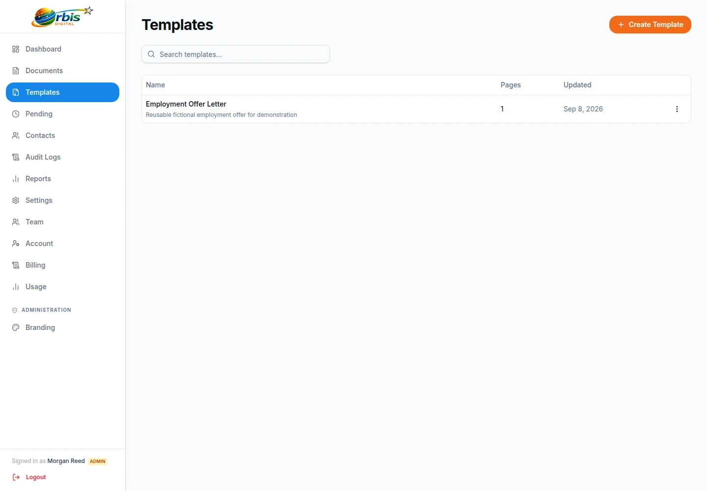 Reusable templates list containing a fictional employment offer letter